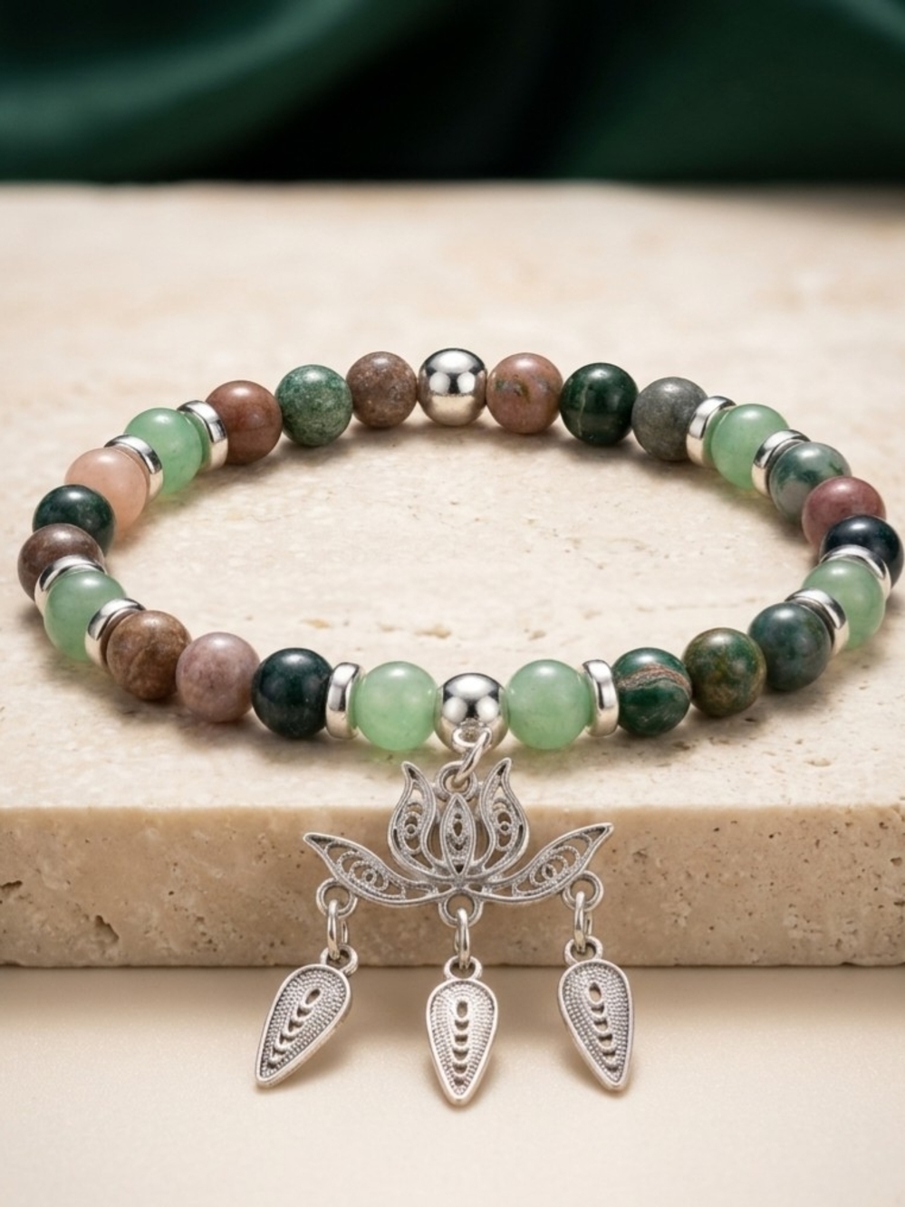 Beaded Lotus Handmade Charm Stretch Bracelet in Green Multicolor